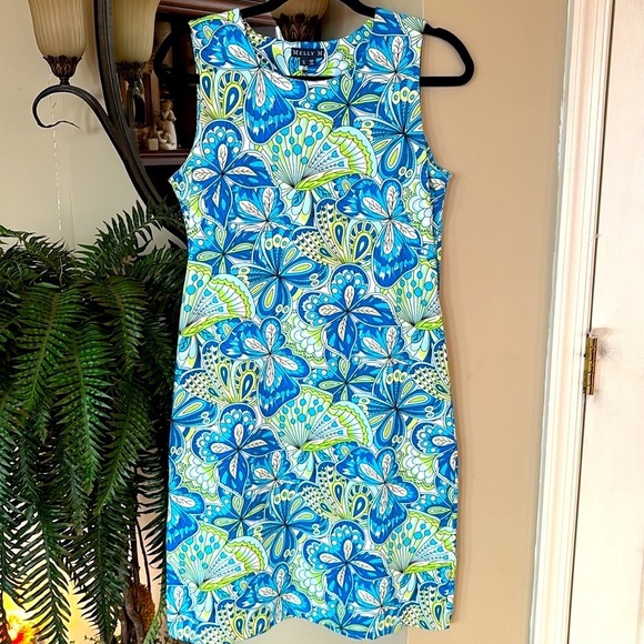 Melly M Blue & Green Floral Sleeveless Shift Dress Mod Retro Graphic Neon Print - Picture 1 of 11